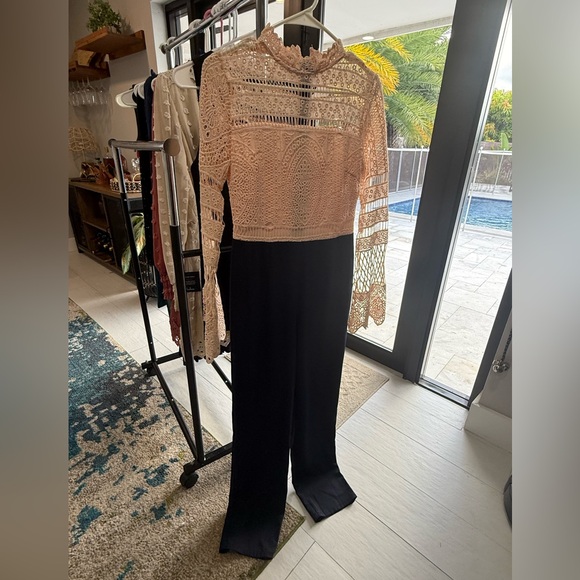 Soieblu Pants - Soieblu Navy Blue  and Pink Lace Jumpsuit